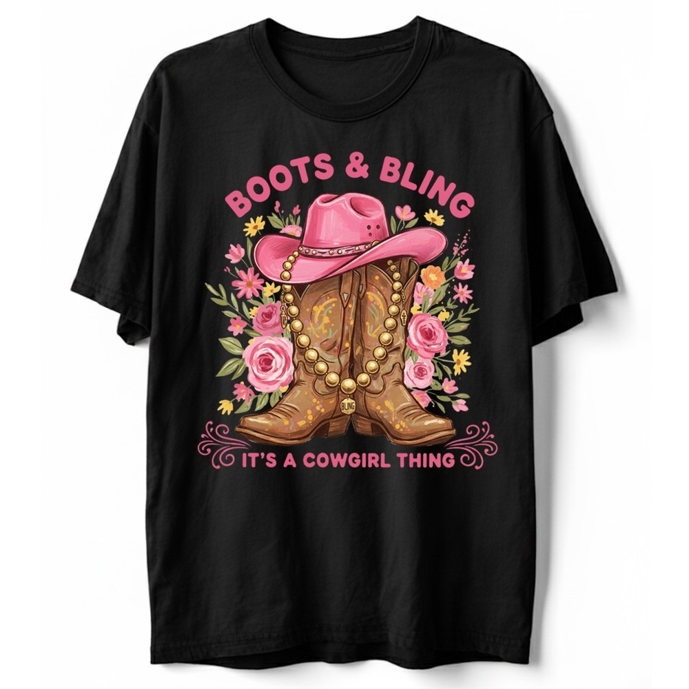 Boots & Bling T-Shirt Cowgirl Thing Pink Floral Cowboy Hat Western Country Tee