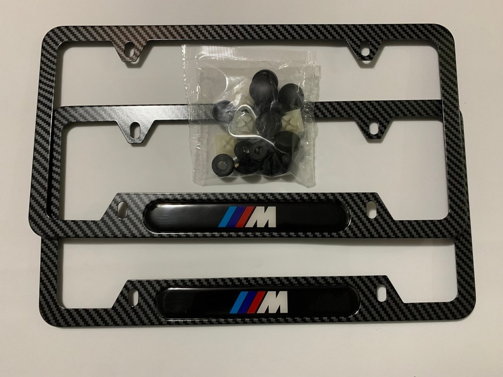 2PCS For B-M-W Front + Rear Carbon Fiber Texture License Plate Frame Cover