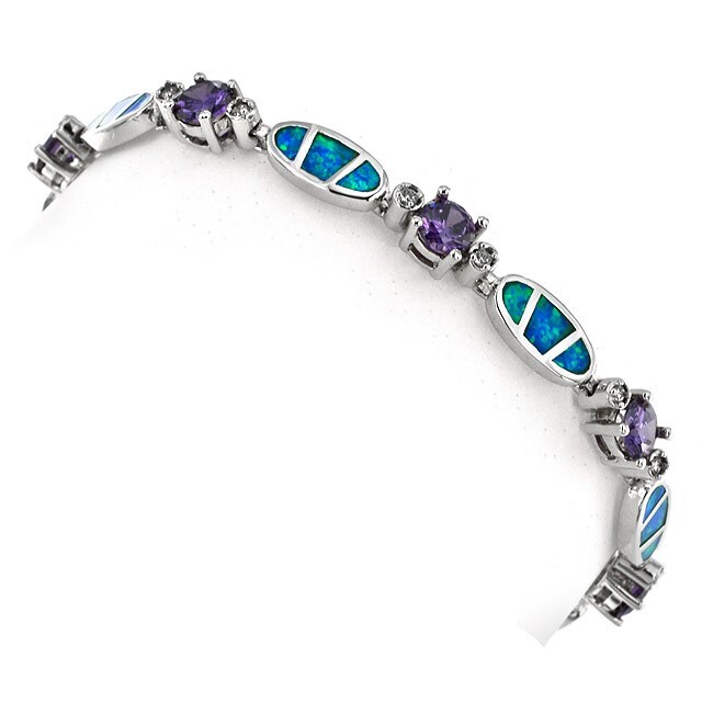 4CT Amethyst & Australian Opal Inlay 925 Sterling Silver Tennis Bracelet OX5