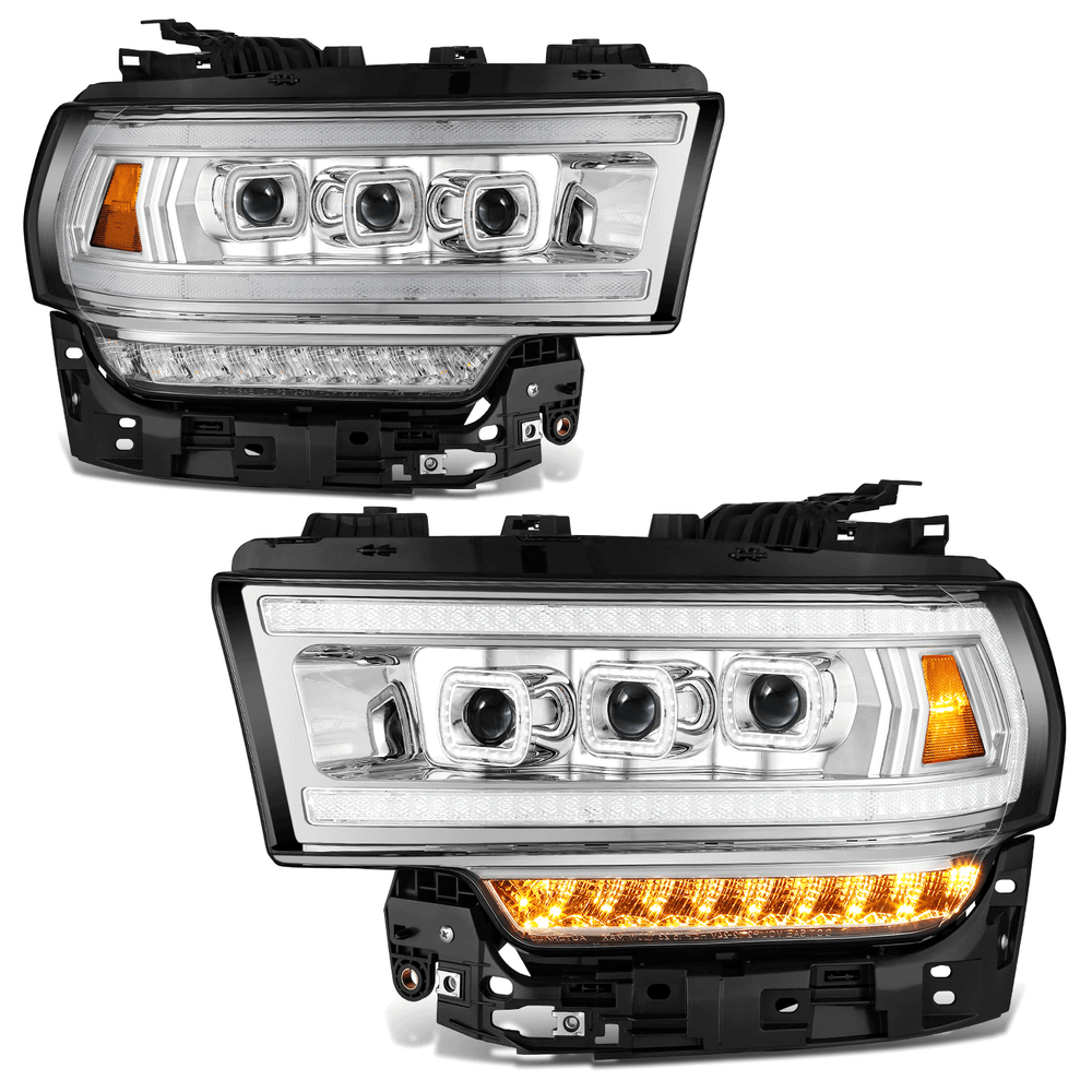 Fit 19-24 Ram 2500 3500 Chrome Amber LED Sequential Chasing Projector Headlights