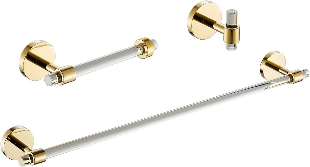 3-Piece Gold & Clear Bathroom Accessories Set with 40cm Towel Bar