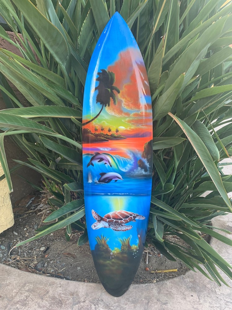 Tropical Ocean Sea Turtle Dolphin Airbrushed Mango Wood Decorative Surfboard