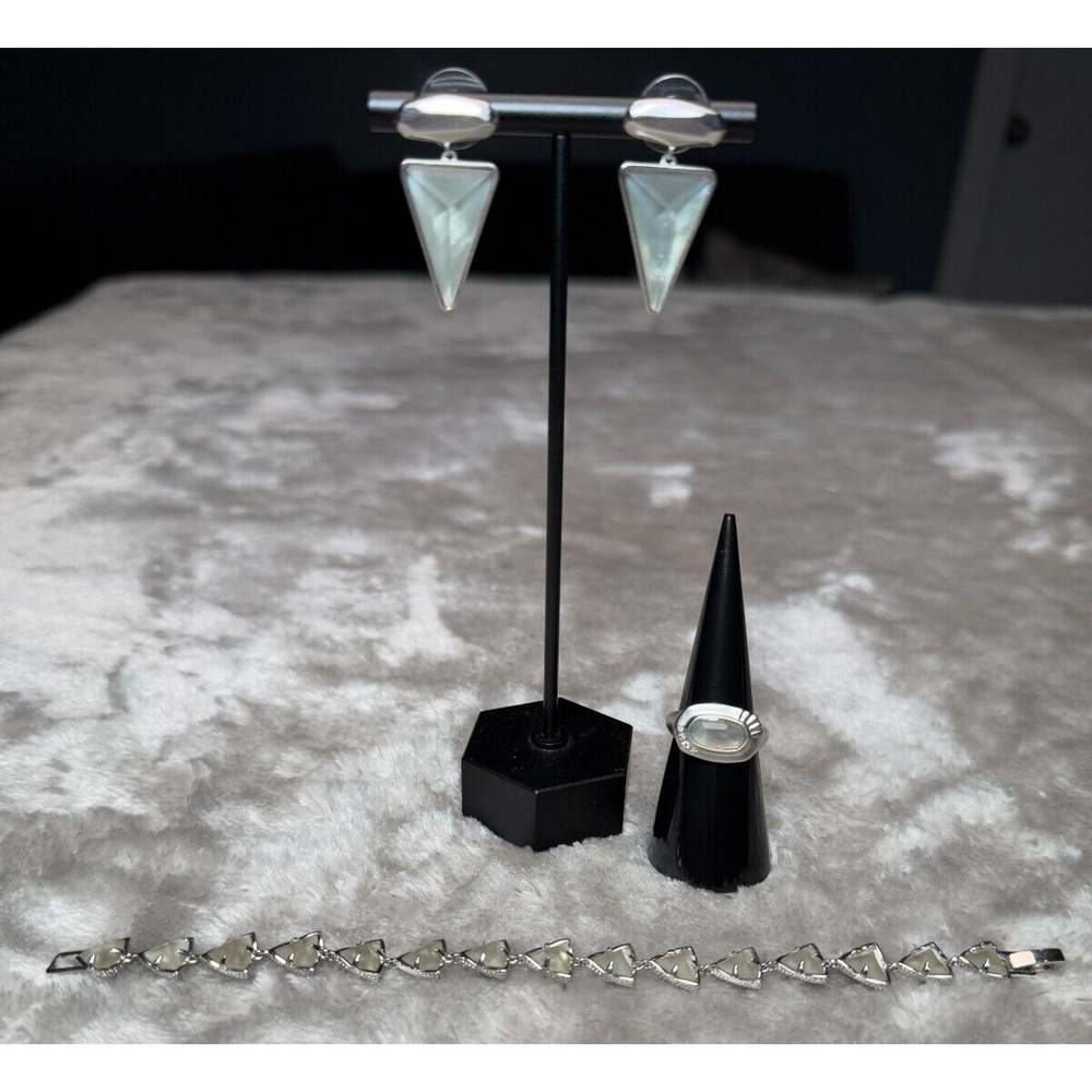 Kendra Scott Silver Tone Gray Illusion Vivian Earrings Ring and Perry Bracelet Set