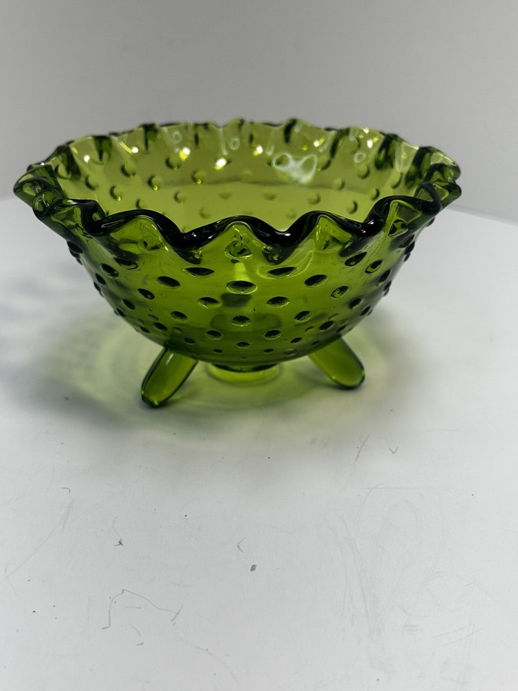 Vintage Mid Century Indiana Glass Avocado Green Hobnail Scalloped Footed Candy Dish Bowl