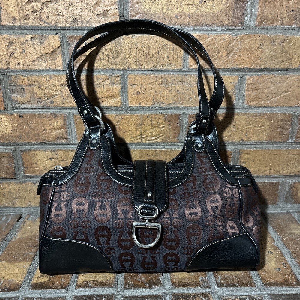VTG ✅ Etienne Aigner Purse Handbag Brown Logo Black Leather Trim Zip Top Pockets