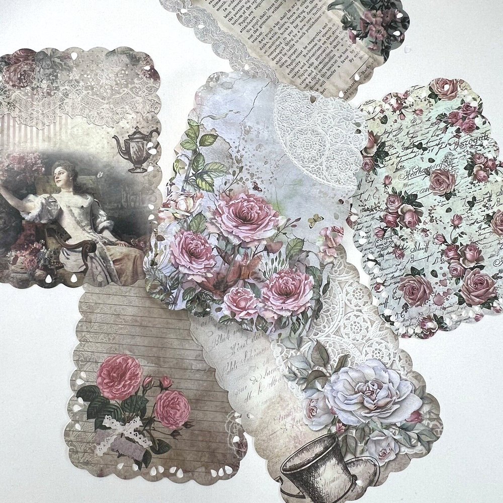 Vintage Style Lace Edge Rose Paper Sheets Scrapbook Collage Junk Journal