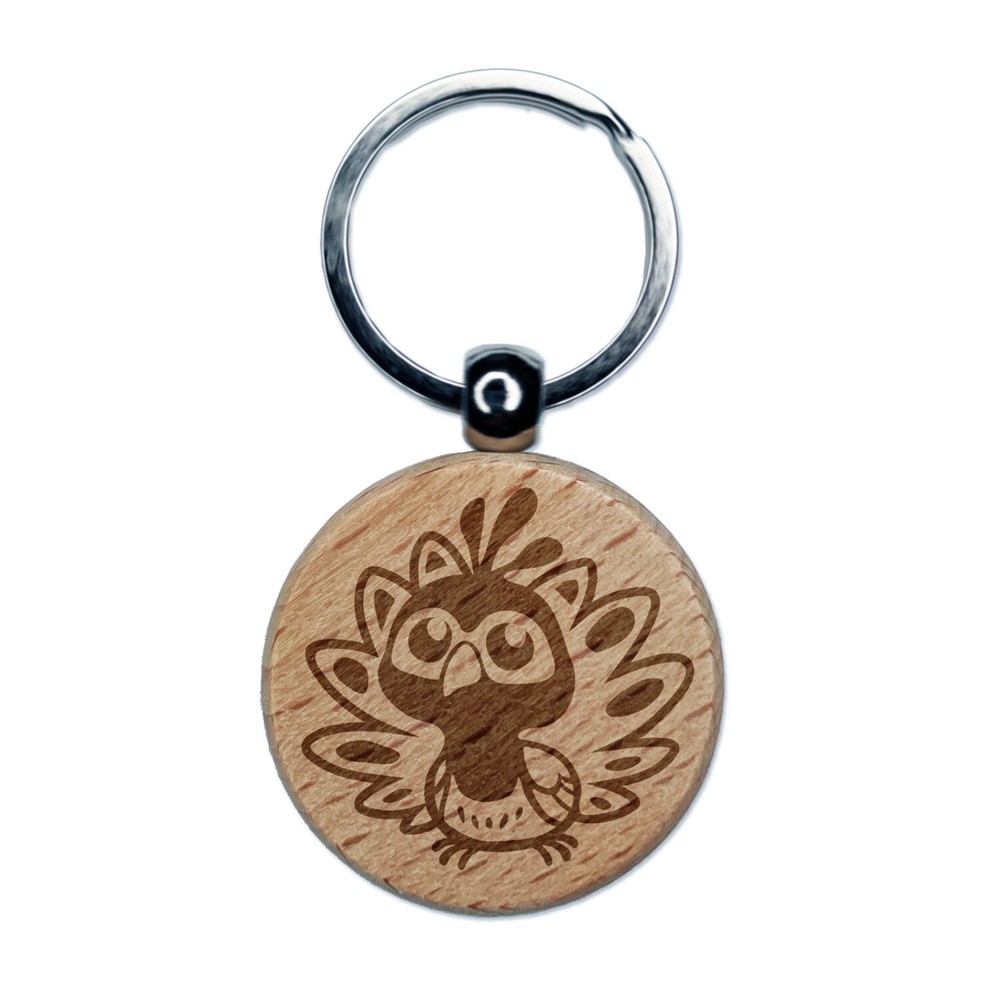 Cute Kawaii Peacock Bird Engraved Wood Round Keychain Tag Charm