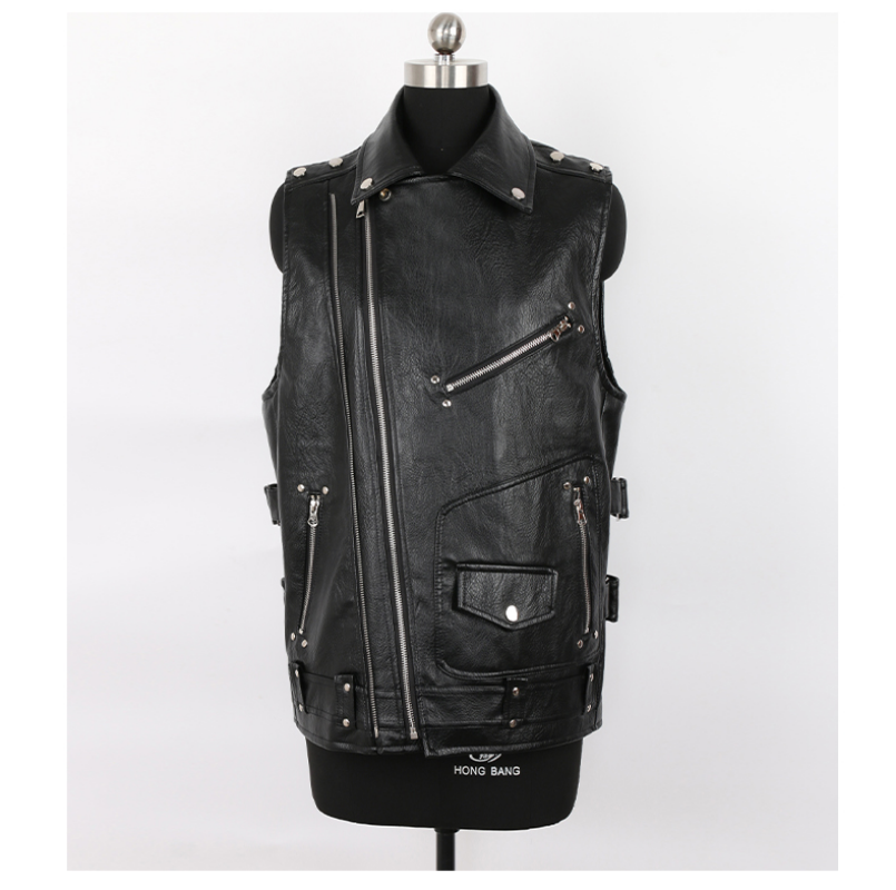 2023 Mens Faux Leather Biker Vest with Zipper Pockets Sleeveless Jacket