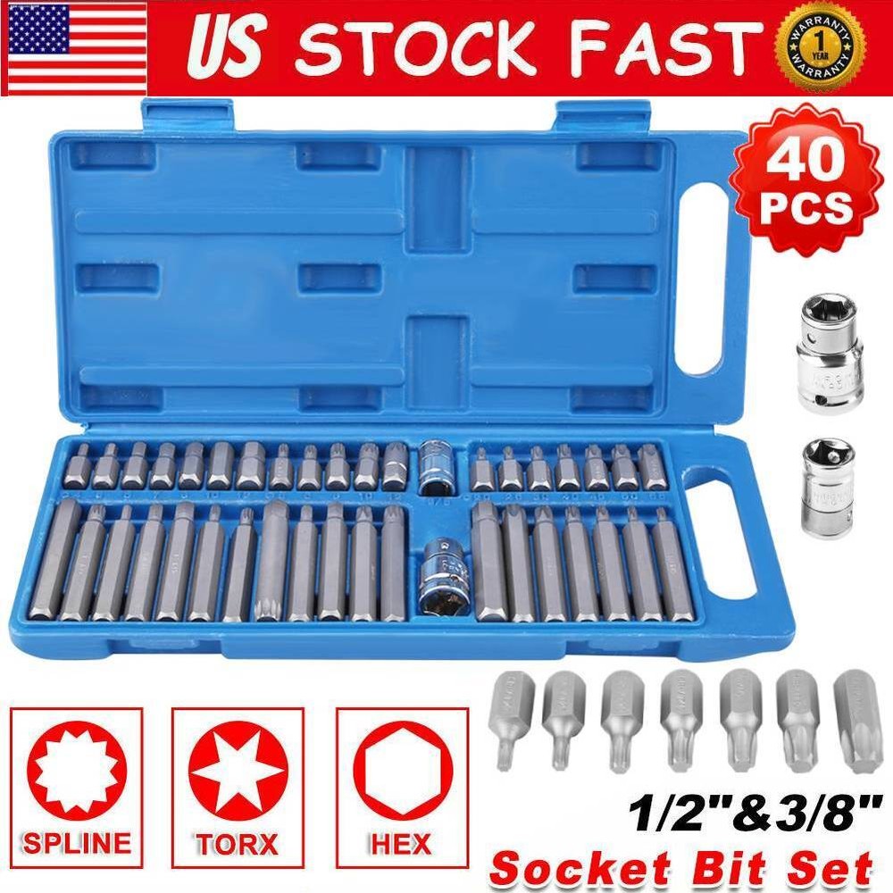 40X Hex Star Ribe Tamperproof Torx Security Bit Socket Set with 1/2