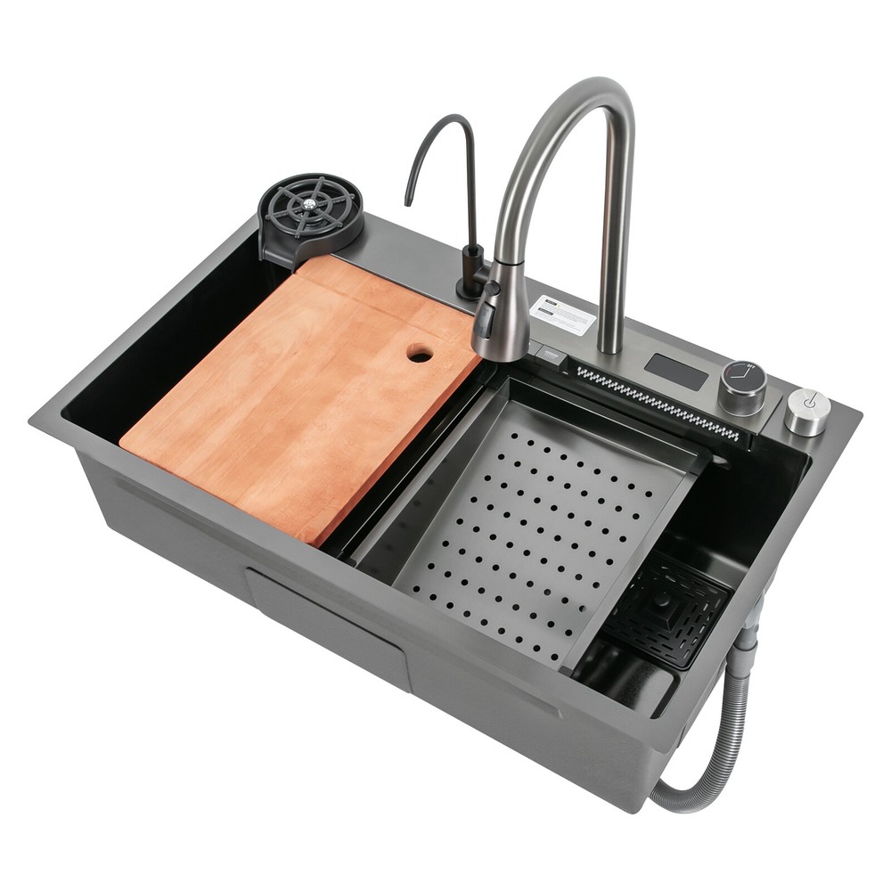 Double Basin Stainless Steel Kitchen Sink with Pull-Out Faucet