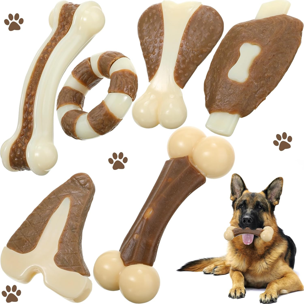 6 Pcs Chew Toys for Aggressive Chewers Real Beef Flavor Dog Teething Chew Toys
