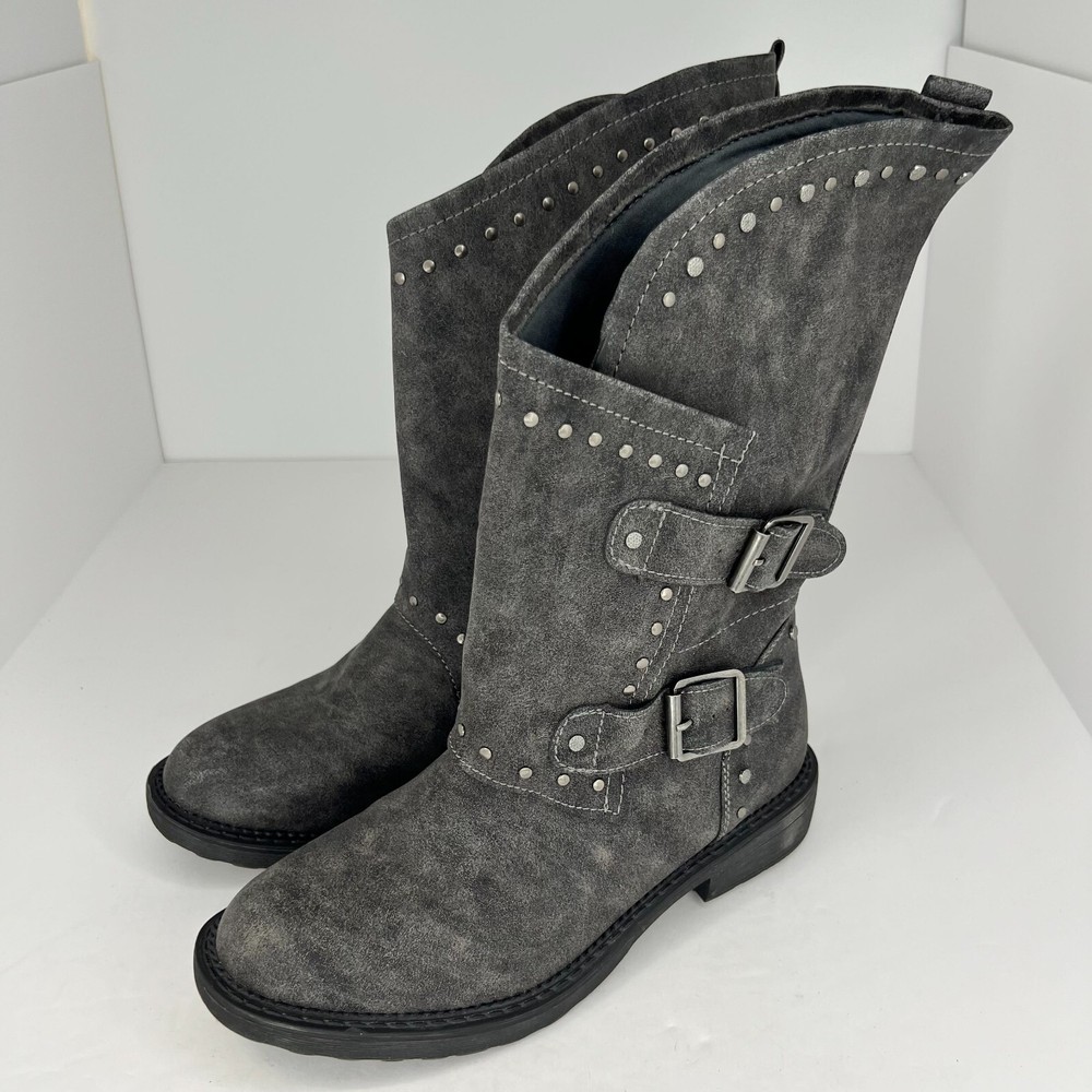 SO Womens Gray Noa Dual Strap Studs Zip Up Slip On Mid Size 7.5 Fashion Boots