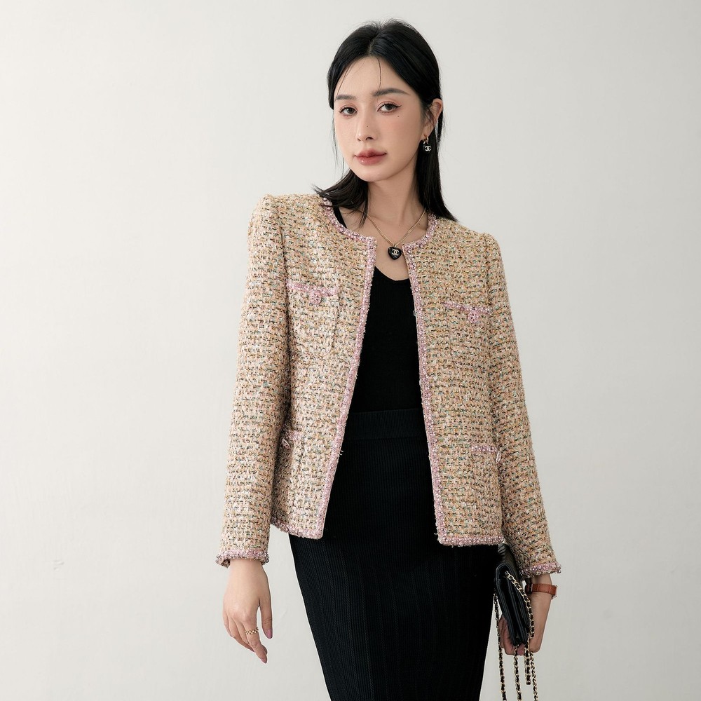 Autumn French Fragrant Coat Tweed Pink Lace Crew Neck Front Button Jacket Sz