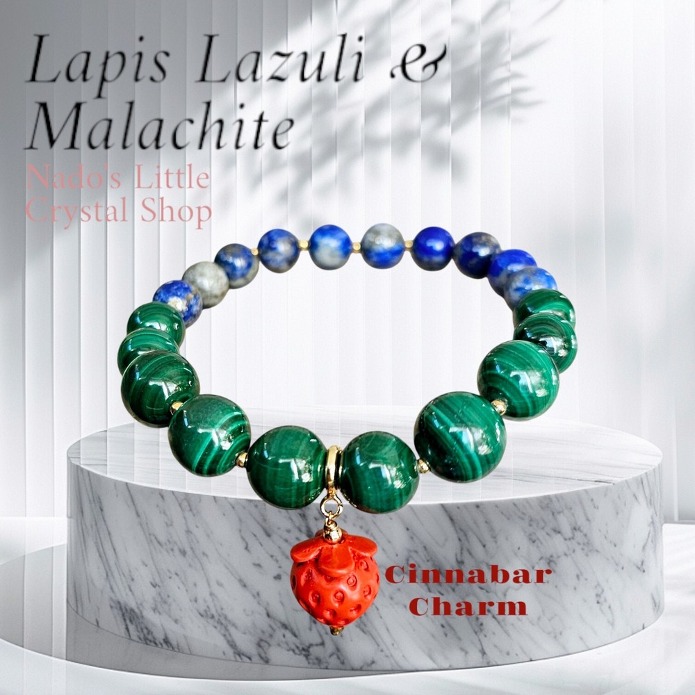 Malachite & Lapis Lazuli Natural Crystal Bracelet 8.5-12mm With Cinnabar Charm