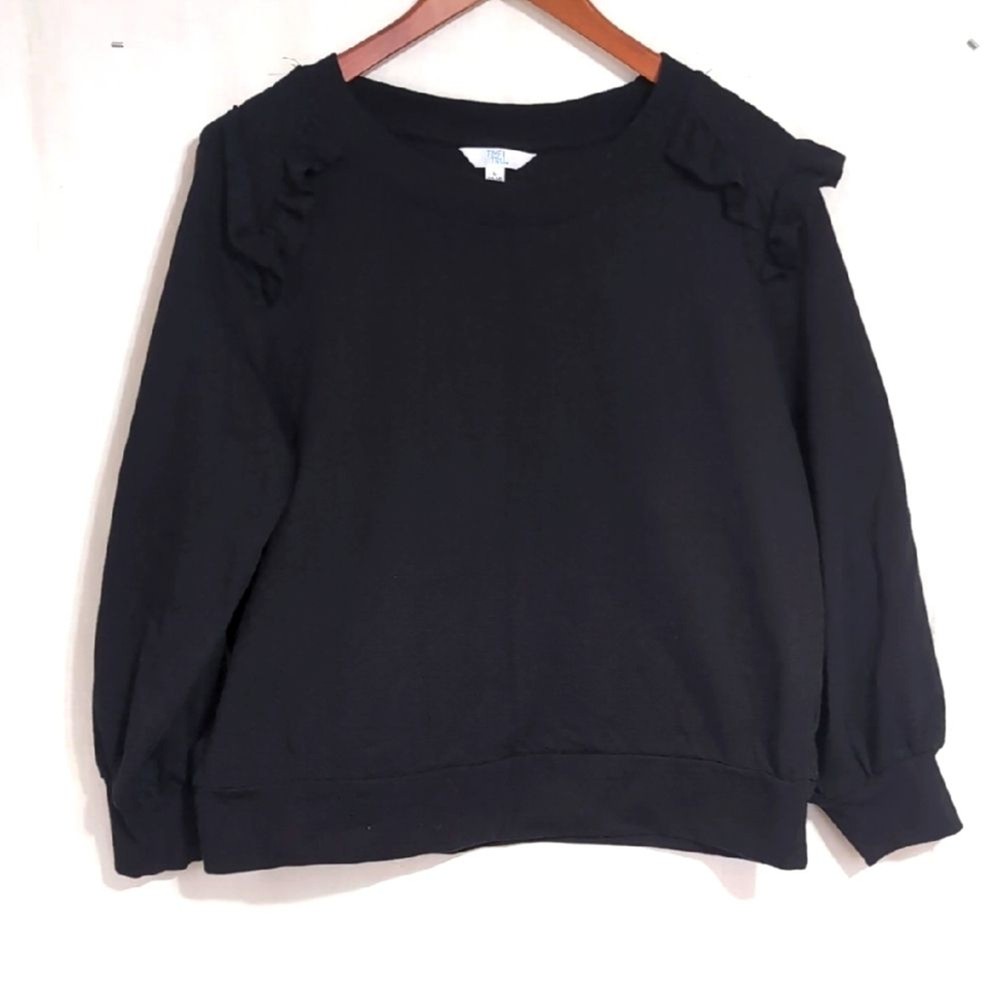 Time & Tru Black Ruffle Shoulder Crewneck Sweatshirt Size L