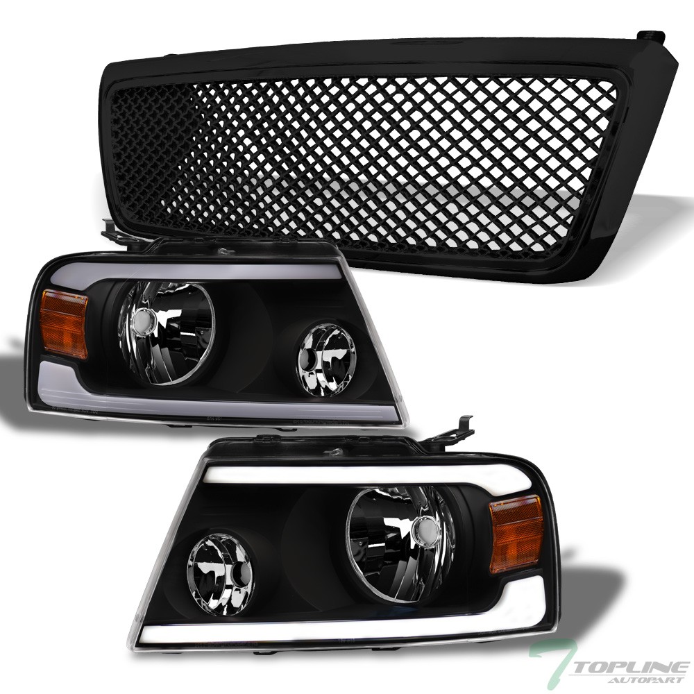 2004-2008 F150 Black LED Strip Bar Headlights with Amber Signals and Mesh Grille