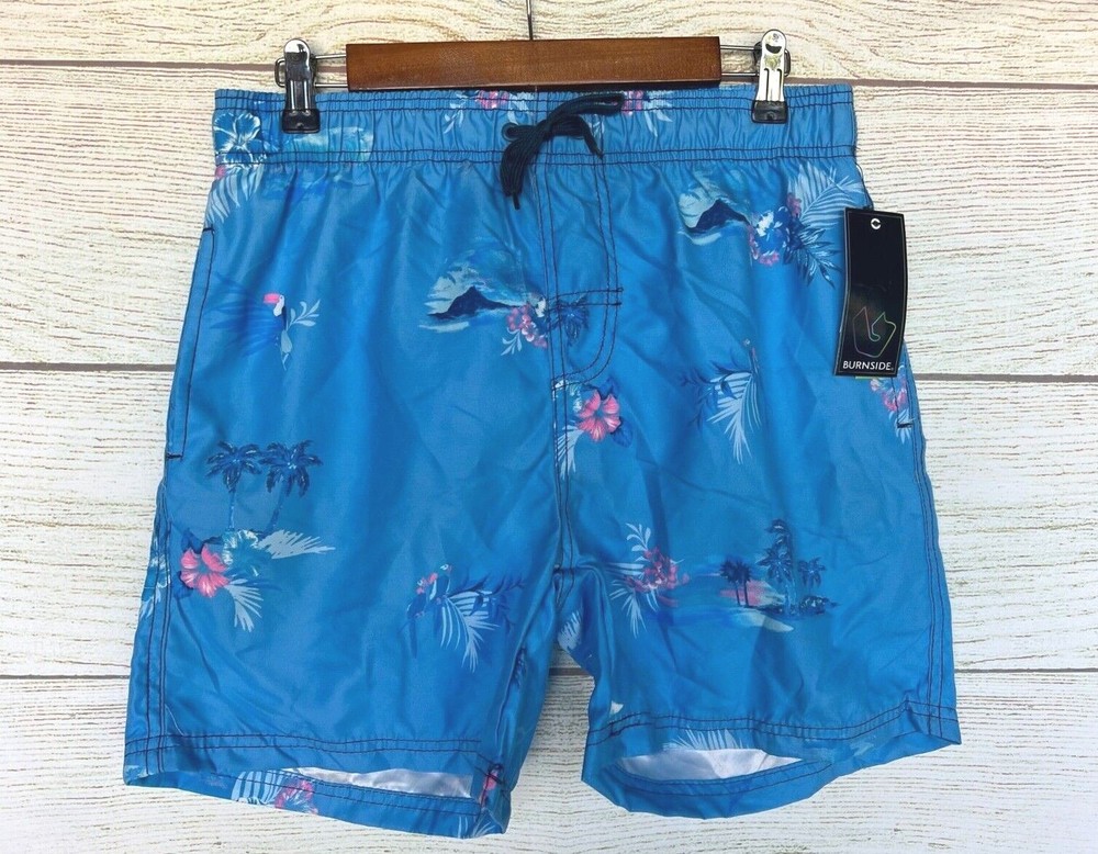 Burnside Trunk Swim Shorts Mens Medium Blue Palm Tree Tropical Trunk Shorts New