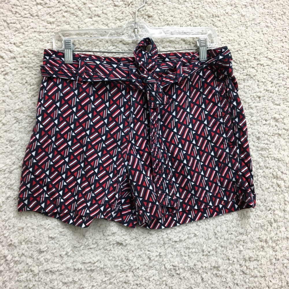 Tommy Hilfiger Womens Blue Red Geometric Belted Chino Casual Shorts Size 6