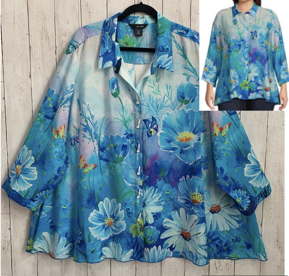 Ali Miles Blue Floral Butterfly Print Button Up Tunic Top Women's Plus Size 3X