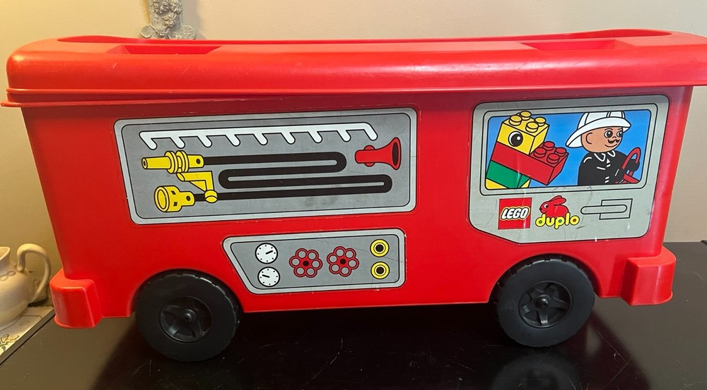 Vintage 1998 LEGO DUPLO Red Firetruck Storage Organizer with Wheels