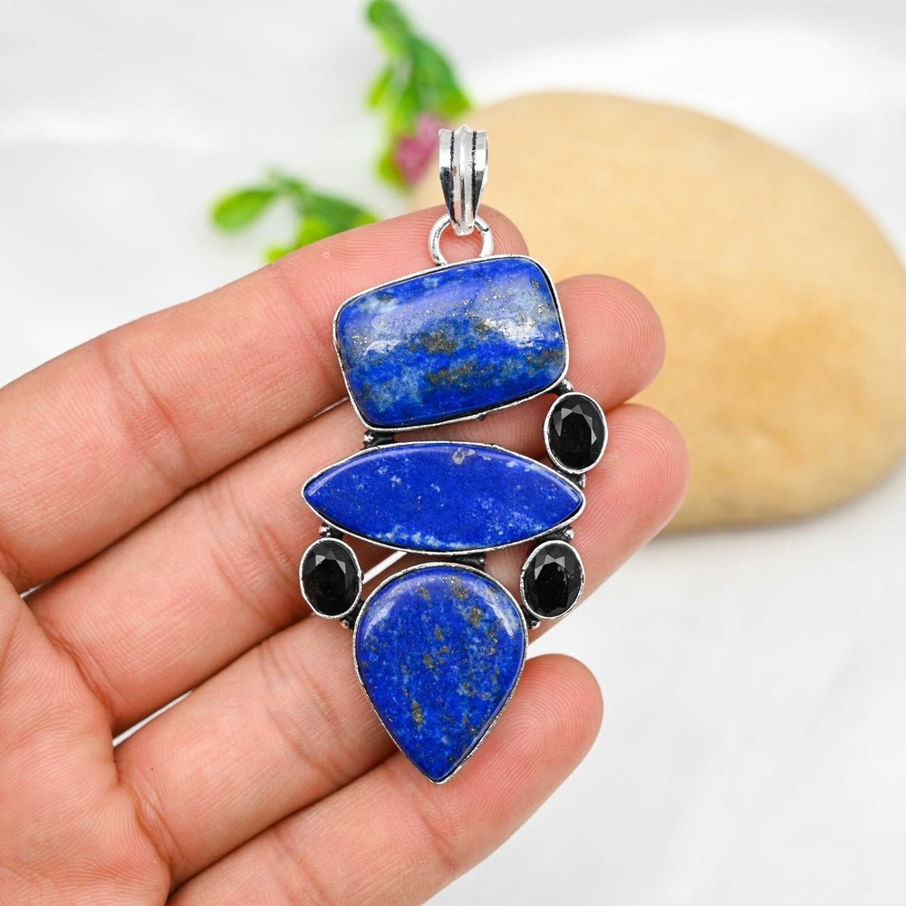 Lapis Lazuli Black Onyx Sterling Silver Pendant Handmade Jewelry