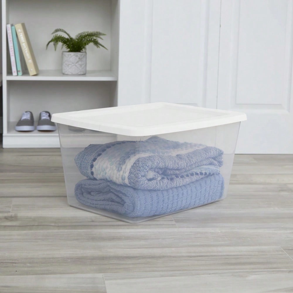 58 Quart Clear Plastic Storage Bin with Secure Snap-On Lid for Small Spaces