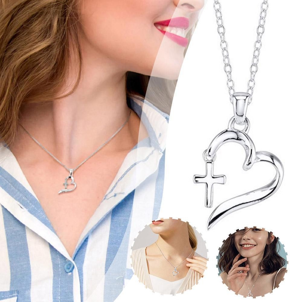 Beaded Heart With Fancy Cross Necklace Silver Colork