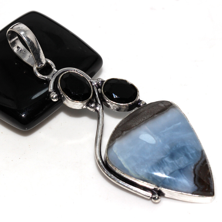 925 Silver Plated Owhyee Blue Opal Black Onyx Long Pendant Size 2.5