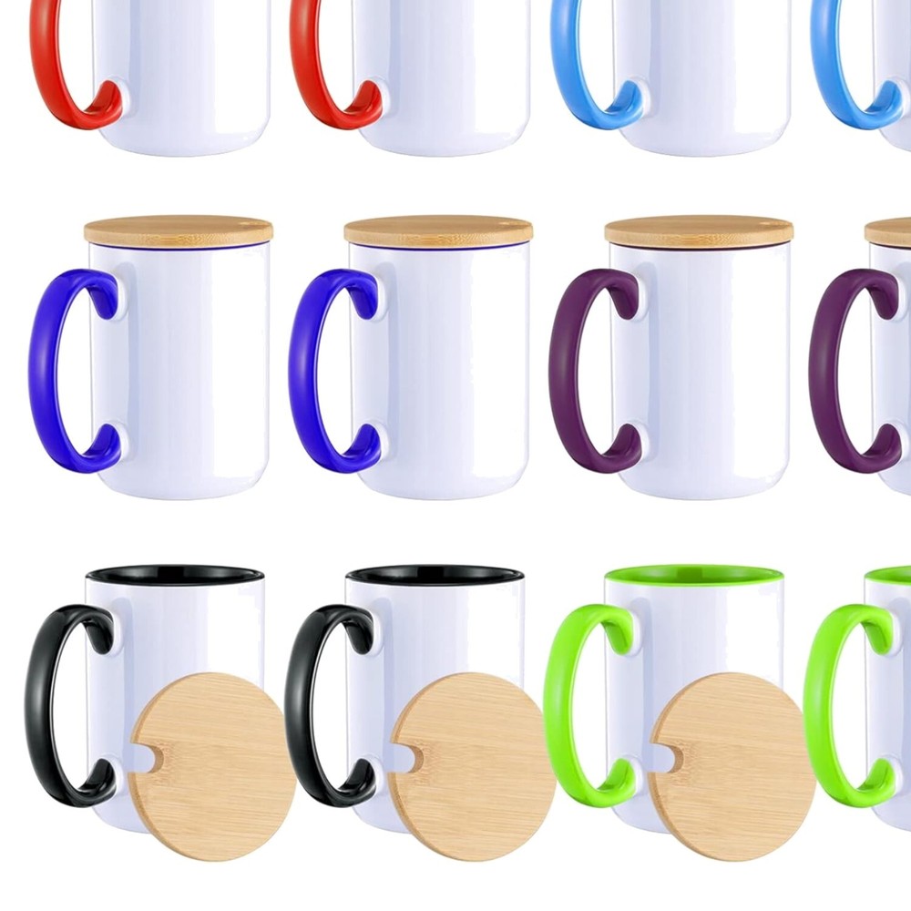 Stylish 15 oz Sublimation Mug Set: 12 Ceramic Mugs with Creative Bamboo Lids