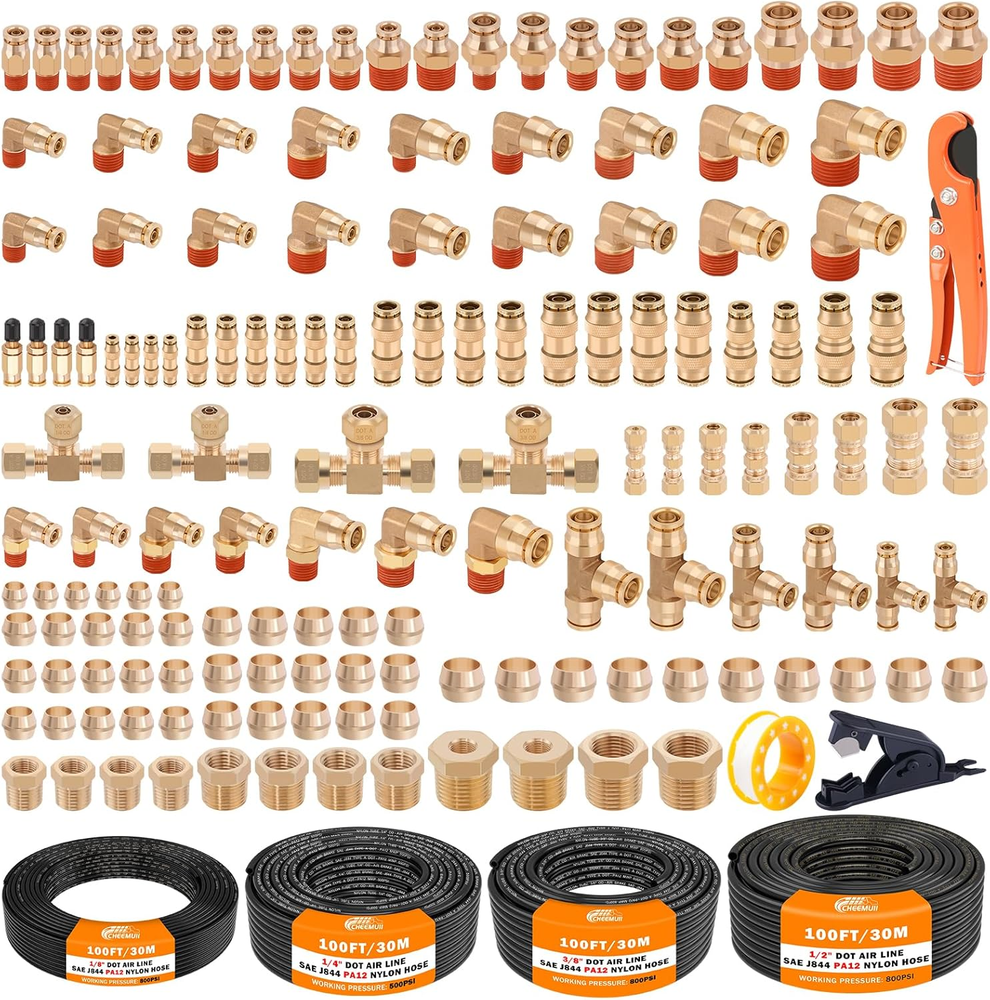 156 PCS Brass DOT Air Line Fittings with 4 Roll 100FT 1/8