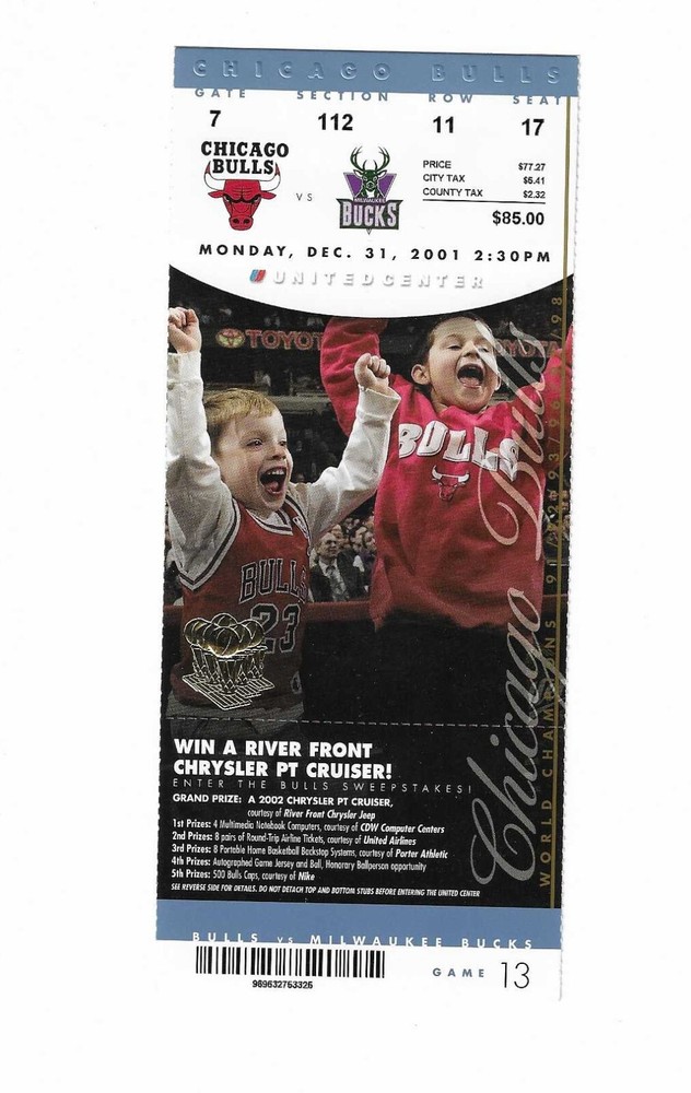 Chicago Bulls vs Milwaukee Bucks Unused Basketball Ticket from 12/31/2001
