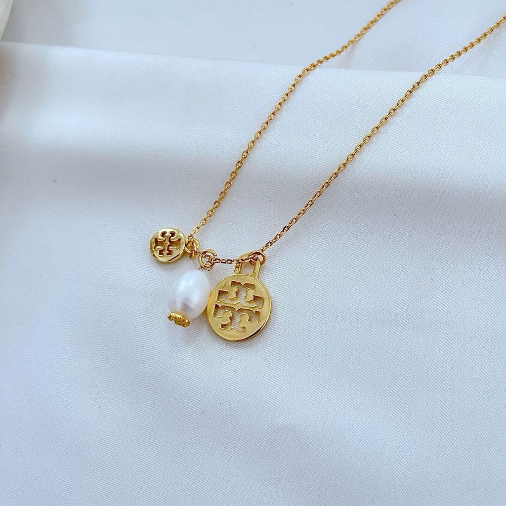 Tory Burch Double T Coin Logo Pearl Necklace Ins Style Lady Simple Collection