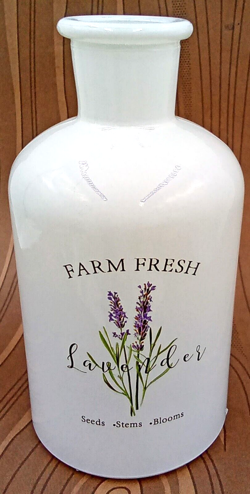 Farm Fresh Lavender Bottle Vase White Glass Floral Seeds Blooms Stems Sprigs 5