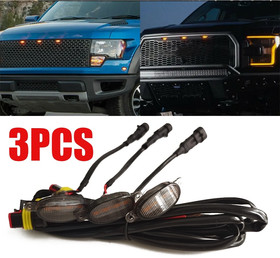 3X Raptor Style Smoked Lens Amber Led Front Grille Running Lights For Ford F-150