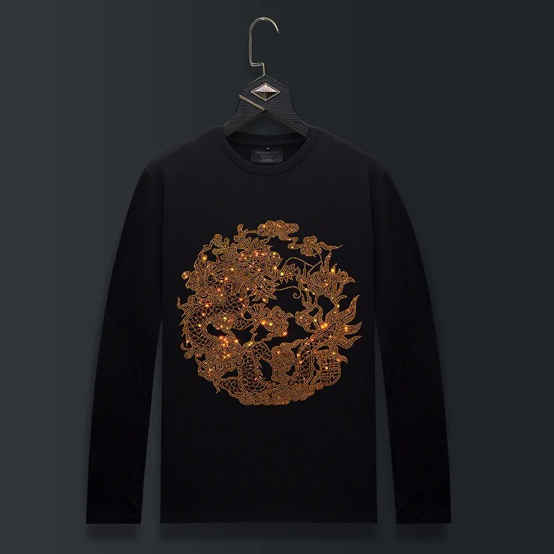 Fashion Dragon Trend Rhinestone Long Sleeve Luxury  Men T-Shirt Plus Size 6XL