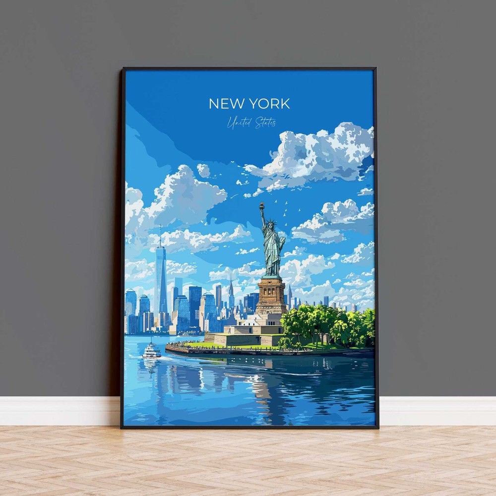 Vintage New York City Travel Poster Wall Art with Manhattan Skyline and Statue of Liberty