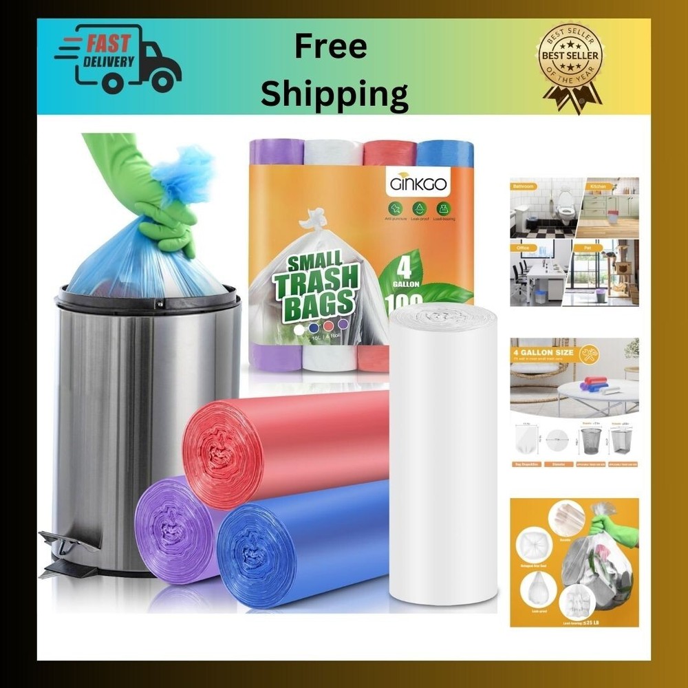 100 Pc 4 Gallon Trash Bags Kitchen Small Garbage Rubbish Bags 5 Roll 4 Color Mix