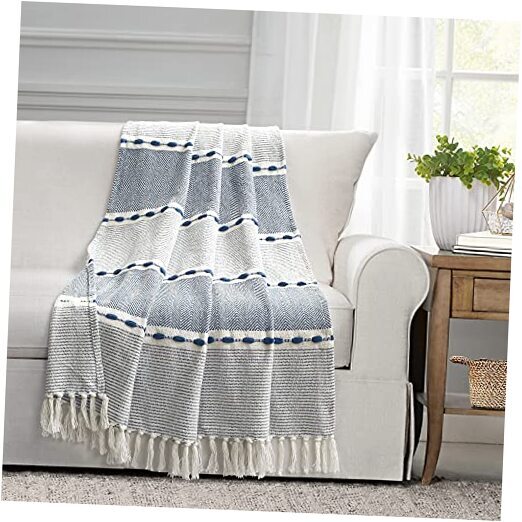 Herringbone Stripe Yarn Dyed Cotton Woven Tassel Blanket, 60