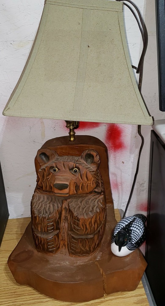 Vintage Wooden Carved Bear Lamp