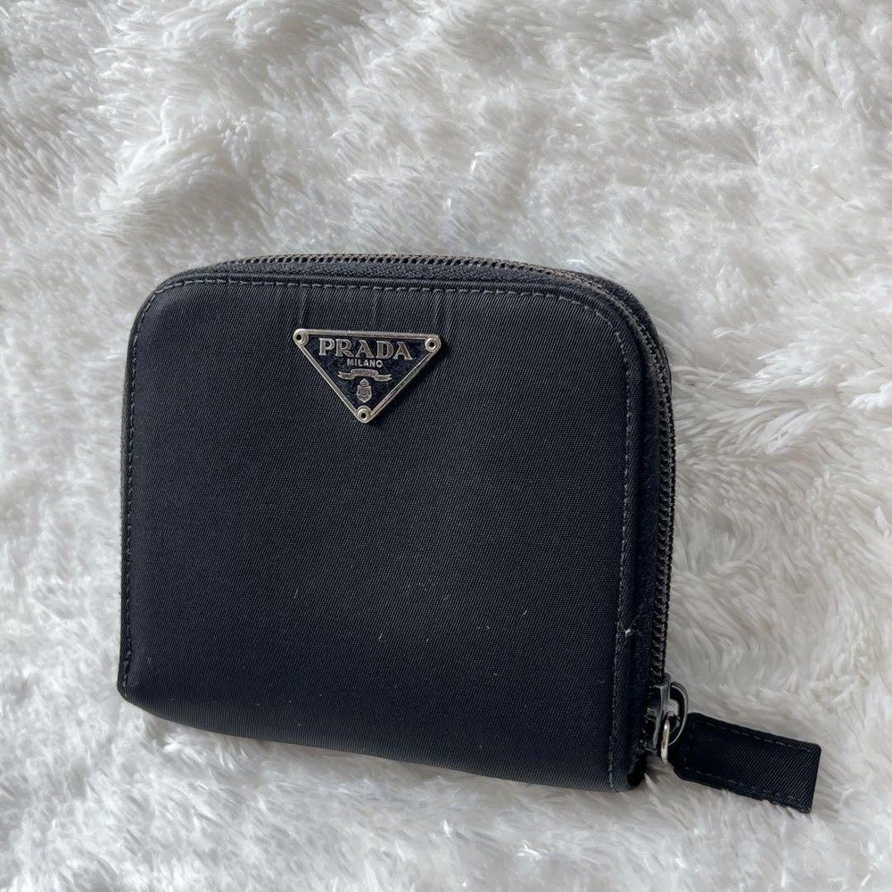 Prada Black Nylon Leather Bifold Wallet Round Zipper Credit Card Holder