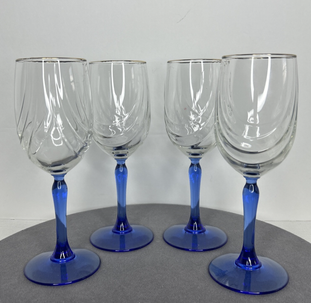 Vintage 4 Lenox Crystal Blue Stem Wine Glasses Dual Swag & Gold Rim - 1980's
