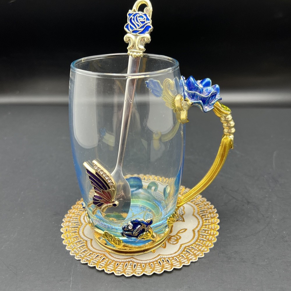 Glass Jeweled Enamel Tea Cup & Spoon Set - Rose, Flower & Butterfly Design