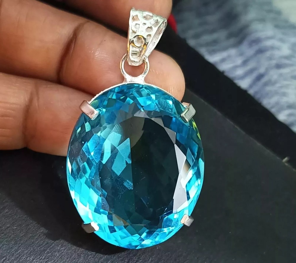 92.80 Ct Oval Cut Natural Blue Topaz Pendant in 925 Solid Silver