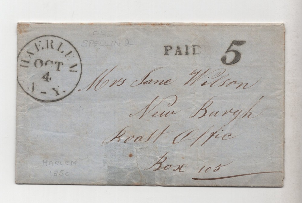 US 1850 HAERLEM NEW YORK PAID 5 STAMPLESS FOLDED COVER & LETTER TO NEWBURGH