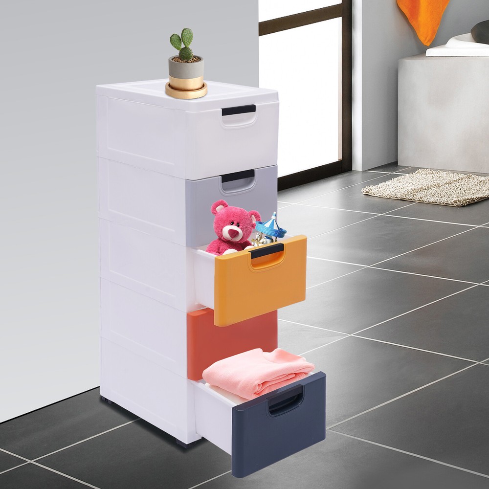 4 Wheel Drawers Dresser Morandi Plastic Clothes Storage Cabinet Stackable 5Layer