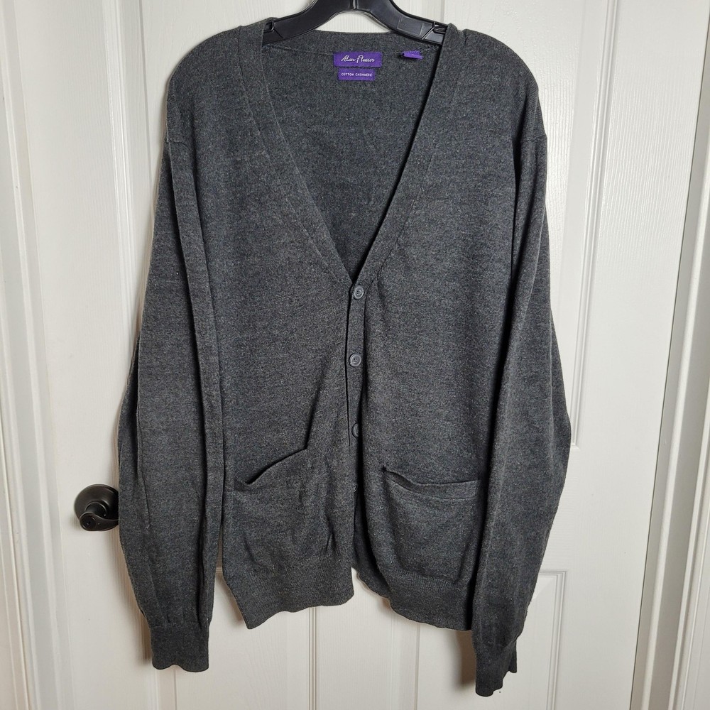 Alan Flusser Sweater Mens Large Gray Cashmere Blend Cardigan Pockets Button Up