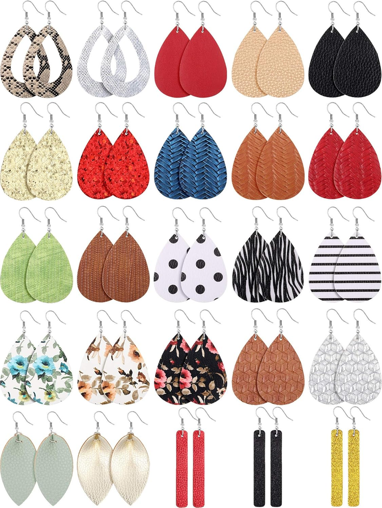 25 Pairs Lightweight Faux Leather Leaf Teardrop Dangle Earrings