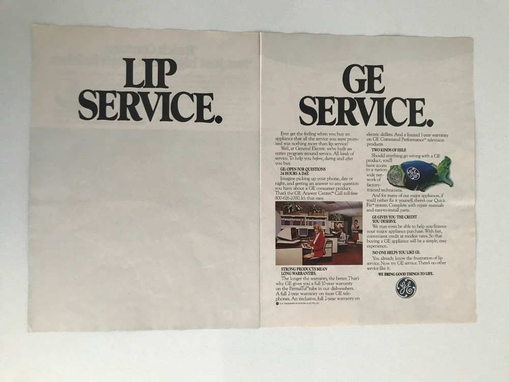 General Electric GE Service Lip Service Circa 1984 Vintage Print Ad