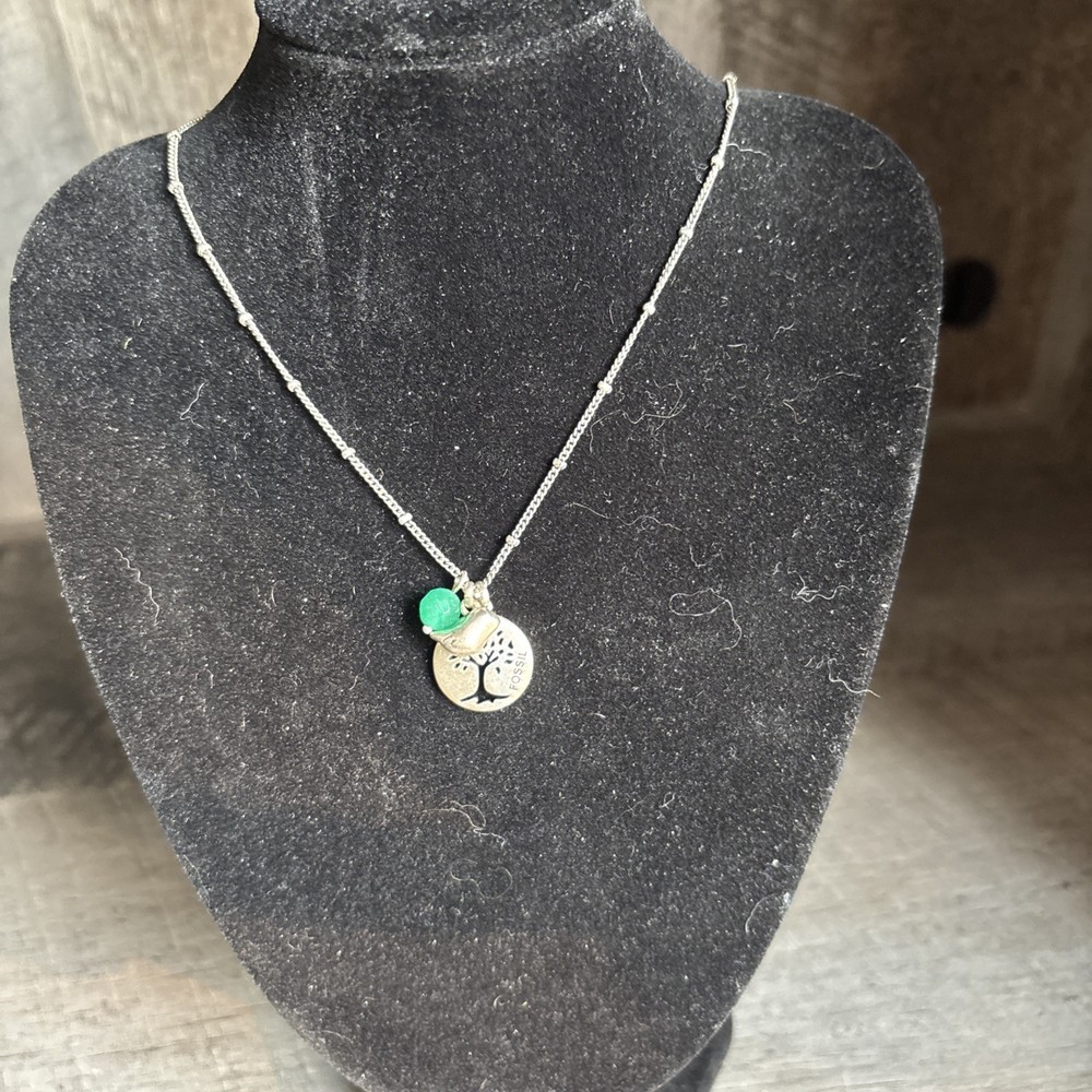 Fossil Silver Tone Necklace with Tree and Bird Pendants #118