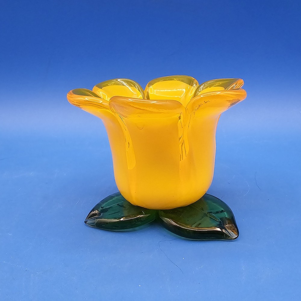 Colorful Art Glass Flower Tea Light Holder in Yellow and Green